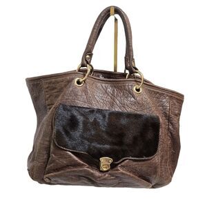 Aleanto Collezioni Italy Brown Leather Large 10x15 Boho Travel Tote Fur Flap